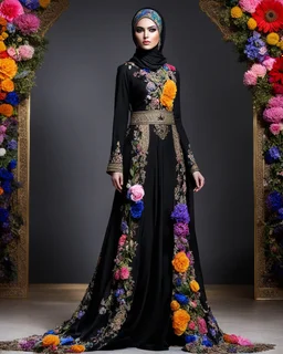 Full body Digital Photography art ,islamic fashion show cat walk gorgeous super model very beautiful woman iranian hijab ,dressing black luxury design colorful clothes gown made of flowers ,full of various kinds of flowers,digital photo sharp colors