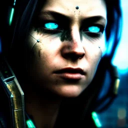 portrait,beautiful female Cyborg, intense stare, sad eyes, post-apocalyptic in a cyberpunk city, realistic, intriacte detail, sci-fi fantasy style, volumetric lighting, particles, highly detailed ,cinamatic , deep colours,8k, in the style of Kaare Andrews