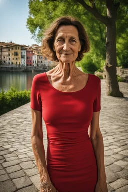 Act like a street photographer. Create a realistic photograph of a small Italian town at Como Lake in late spring with a portrait of a 45-year-old, beautiful, slim Polish woman with small wrinkles and brown hair. Use a 24 mm lens and a Fuji T30 camera for mild light, warm, golden hour photos from a distance, elegant red dress for a dinner, sensual pose