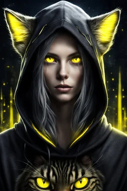 woman with glowing yellow cat eyes, wearing dark hoodie, very detailed, sharp focus, random background, fantasy, stunning