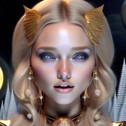 brown eyes, laugh, blonde sophie hennie cute young woman singing at saturns europa moon, golden jewelry, ice cold, winter, magnificent, majestic, highly intricate, incredibly detailed, ultra high resolution, complex 3d render,renaissance painting