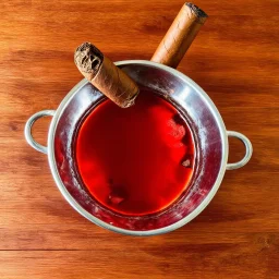 grainy photography, top-down perspective, large punchbowl full of red punch on a wooden table with a chewed brown cigar floating in the bowl, gritty, hyperreal image