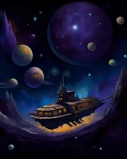 A dark purple space station in a galaxy filled with planets painted by Vincent van Gogh