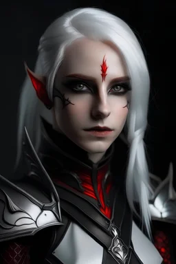 a beautiful female dark elf rogue with white hair, with albino skin and red eyes with silver round earings allover right ear, waering white linen shirt and black light leather armor