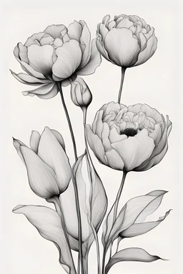 A ink drawing modern realism in fine line of a minimalist peony flower , a tulip and a poppy black ink on white background