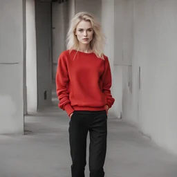 blond middle hair red sweatshirt black pants