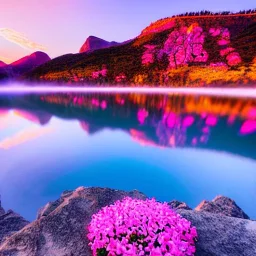 la montagne lever de soleil ciel rosé, fleurs rivières cascades. lacs paysages , haute qualité photographique