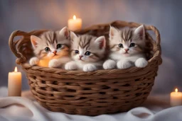 Cute stuffed kittens lie in a carved basket on a soft sling, by candlelight