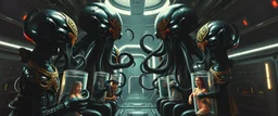 distorted master oil painting by Rembrandt, black glistening slimy octopus insectoid hypnotic Nephilim tribal ornamented insignia trauma watchers commando in spaceship with some scared humans in huge neon canisters, in the style of Giger, 3d anime, sculptures