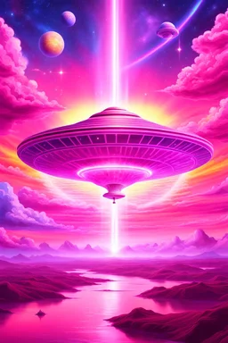 vaisseau interdimensionnel de couleur rose, grands rayonnements, dans un cosmos rose et jeu très étoilé d'or, 8K,ufo rainbow