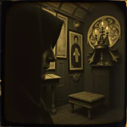 Daguerrotype, close-up, mysterious figure, odd background, Hieronymus Bosch, room, Max Ernst, ambient light, by Minicavio Quollati and Marlost Endgulp, exoteric, mystic, Amano, Botticelli, Hieronymus Bosch, Alphonse Mucha