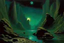 Night, rocks, normal mountains, puddle, very epic, 2000's sci-fi movies influence, friedrich eckenfelder, auguste oleffe, and ferdinand georg waldmuller impressionism paintings