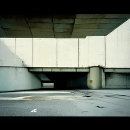 Minimal contemporary abstract oil paintings of desolate 1960s carpark with road markings and concrete fragments. Overlay with grungy typography graphics. style of Justin Mortimer and Francis Bacon.