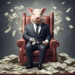 rich pig in suit on a throne making stacks of money by making a deal with a buisnessman