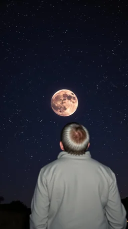 A man is Watching the stars at night , one planet is glowing