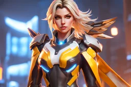 Mercy in 8k realistic cgi drawing style, overwatch them, close picture, rain, neon, intricate details, highly detailed, high details, detailed portrait, masterpiece,ultra detailed, ultra quality