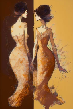 Hand sewn and embroidered double exposure, (((greg rutkowski))), caricature in ochre Polychromatic-Colors. (((intricate))). Stunningly beautiful couple of happy strong women dancing, all the head in the frame elegant soft diffused light intricate 8k oil on canvas sensuality very attractive wallpaper crisp quality whimsical, merged layers battery corrosion, copper patina