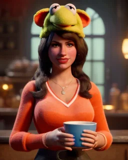 waitress British woman with muppet mask that covers her entire head, green, retro style, Sesame Street style, smooth, unreal engine 5, god lights, ray tracing, RTX, lumen lighting, ultra detail, volumetric lighting, 3d.