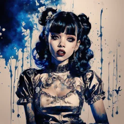 Poster in two gradually, a one side the Singer Melanie Martinez face, full body, sit pose, painting by Yoji Shinkawa, darkblue and sepia tones,sinister, detailed iridescent, metallic, translucent, dramatic lighting, hyper futuristic, digital art, shot with Sony Alpha a9 Il and Sony FE 200-600mm f/5.6-6.3 G OSS lens, natural light, hyper realistic photograph, ultra detailed -ar 3:2 -q 2 -s 750,malevolent goth vampire girl face and other side