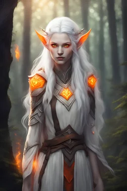 friendly female fire druid nature elf standing in forest with white hair pale skin with glowing orange eyes