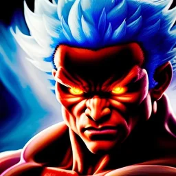 Ultra detailed fullbody Portrait in oil on canvas of Street Fighter- Akuma,extremely detailed digital painting,ultrarealistic skin,intense stare, extremely detailed face, crystal clear eyes, mystical colors ,perfectly centered image, perfect composition, rim light, beautiful lighting,masterpiece ,8k, stunning scene, raytracing, anatomically correct, in the style of Simon Bisley and Ohrai Noriyoshi and robert e howard and Steve Jung and frank frazetta.