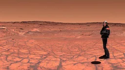 A Tesla's 'Model S Plaid' is doing donuts, in the 'Cydonia' region, on planet Mars. CINEMATIC. WIDE ANGLE LENS.