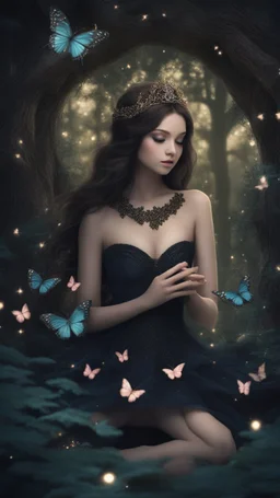 Beautiful girl, beautiful, dream, trees, forest, dark night, song, glitter butterflies, fantasy