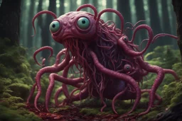 Rare parasite creature holding a girl meanwhile many worms streaming from his eyes in the forest, fullbody, macro photography, darkred tones,high detailed, 3d pixar disney the cinematic FKAA, TXAA, and RTX graphics technology employed for stunning detail.