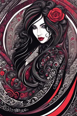 an abstract illustration of a goth punk vampire girl from calligraphic letters, flourishes, and swirls , finely drawn and inked, in classic Arabic calligraphy, 4k, hyper detailed in the style of EL SEED and vibrantly colored in the style of GUSTAV KLIMT