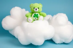 overstuffed white plushie stuffed toy clouds, a vintage good-luck-bear(care bear, Green) with tummy symbol(4 leaf clover) sitting on top of the cloud, blue background