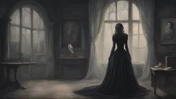 The cursed woman, now a distorted figure on the canvas, watches ominously as the echo of Charmsombre's tragic history reverberates through the manor. The illustration encapsulates the essence of a gothic tale, blending beauty and horror in the mysterious world of Charmsombre.