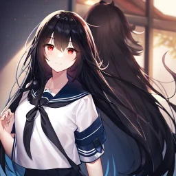 Clear focus, high resolution, black long fluffy hair, red eyes, wearing a sailor uniform, doing a evil smile, Style Daria