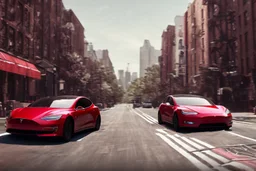 A Tesla 'Model Y' is drifting at top speed, in Greenwich Village, in Manhattan. CINEMATIC. WIDE ANGLE LENS. PHOTO REAL.