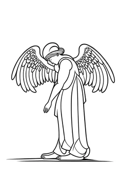 simple outline of and angel saint Michael looking down to protect human kind. hand in praying, white background