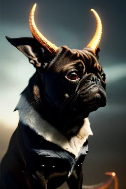 Demonic character, demon horns, demon tail, ominous, facepaint, pug, waist up portrait, intricate, oil on canvas, masterpiece, expert, insanely detailed, 4k resolution, retroanime style, cute big circular reflective eyes, cinematic smooth, intricate detail , soft smooth lighting, soft pastel colors, painted Renaissance style