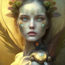 Portrait of beautiful girl, plant, metal, feathers, Dryad, fae, sidhe, ominous, nature, plants, wildflower, facepaint, dnd character portrait, intricate, oil on canvas, masterpiece, expert, insanely detailed, 4k resolution, retroanime style, cute big circular reflective eyes, cinematic smooth, intricate detail , soft smooth lighting, soft pastel colors, painted Renaissance style,sharp fucus, bokeh,macro lens, 1500mm lens