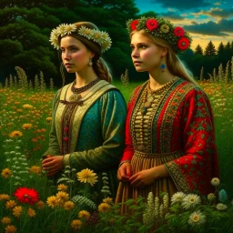 Scandinavian women, midsummers eve, traditional, pagan, painted, digital painting, 24k, high resolution, highly detailed, ornate, meadow with flowers and trees, art by Manuel Sanjulian