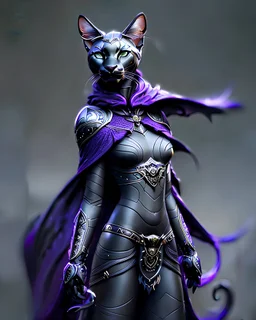 Beautiful D&D character portrait, humanoid tabaxi, female, face resembles a black jaguar, smooth face with no designs on face, add more fur to the face, tufts of white fur poking out of the ears, black fur on face, colorful fantasy, detailed, realistic face, digital portrait, intricate cloak black trimmed with silver and purple, fiverr dnd character, wlop, stanley artgerm lau, ilya kuvshinov, artstation, HD, octane render, hyperrealism