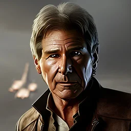 stunning photo realistic head to waist portrait of harrison ford as han solo in star wars with photo realistic short hair by alice zhang,Sam Spratt, Yi Fan, Houston Sharp, Matija Obrovac, Sharp focus, brown eyes, realistically and naturally weathered rough skin,space jacket from star wars, octane render, intricate