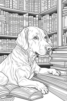 Outline art, no shading, dog in the book library, no shading, low details, --ar 9:11