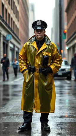 retro nypd full body color 1920 black policeman wtih heavy yellow rain transparent coat with thompson