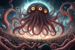 View into an event horizon in space with many enormous strange tentacled creatures with huge eyes and mouths flying around