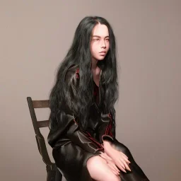 Billie Eilish, sitting on a chair, Black Short Dress, high detail, realistic