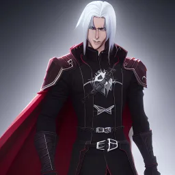 Vampire knight, young man, handsome, long white hair, black full plate armor, red cape