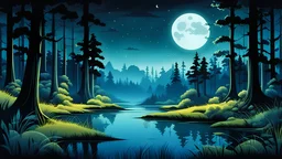 Influenced by Eyvind Earle, this vibrant cartoon image depicts a swamp under a full moon. It showcases the artist's expertise in environmental art with a night forest background, a moonlit forest environment, and a starry sky. The detailed 2D game art background captures the serene and mystic ambiance of a quiet forest night scene in a dense, lush forest at night.