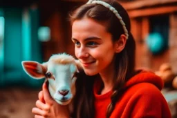 attractive woman with cute head of a goat, holding a baby