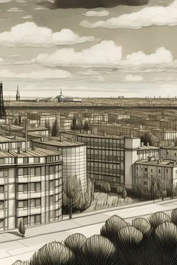 dibujo de madrid moderna desde un mirador en las afueras