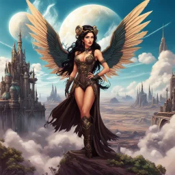 exotic sci-fi steampunk pin-up girl, with long dark hair and wings, on an alien planet with cloud trees, tall spires, buildings, bridges, arches