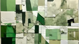 Crea una obra pictórica original con modernidad desgastada y fragmentaria; composición: núcleo rectangular atravesado por líneas; referente visual: muro con abertura central; paleta: blanco hueso, arcilla y verde apagado; técnica: acrílico sobre collage de cartón fino; textura: con relieve mínimo y tactilidad alta; formas: manchas poligonales orgánicas; gesto: mancha rectangular manual; espacio: vista elevada semejante a parcelas; iluminación: campo claro con signos negros; bordes: borde diagona