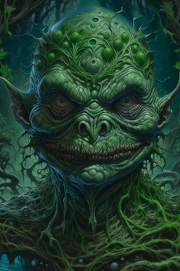 Swamp Thing, dark ball , ominous, facepaint, waist up portrait, intricate, oil on canvas, masterpiece, expert, insanely detailed, 4k resolution, retroanime style, cute big circular dark eyes, cinematic smooth, intricate detail , soft smooth lighting, soft pastel colors, painted Renaissance stylestyle